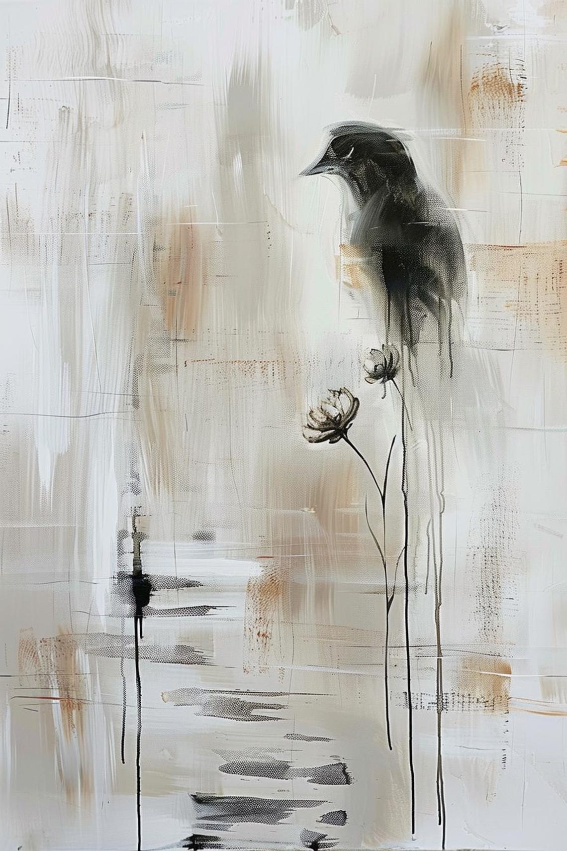 Black Bird on a Thin Branch Minimalist Ink Wash Painting Poster - Image 2
