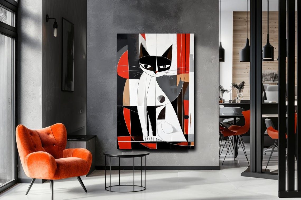 Cubist Black Cat Portrait with Intense Eyes Abstract Painting Poster