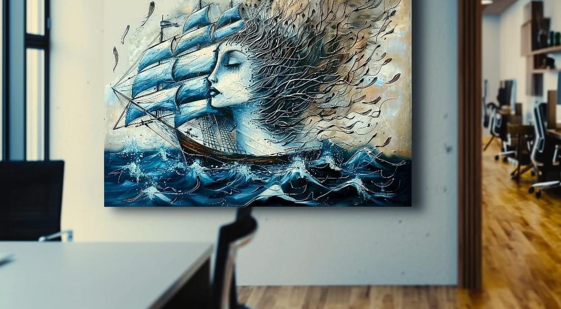 Woman Profile Merging With Sailing Ship Surreal Ocean Art Poster
