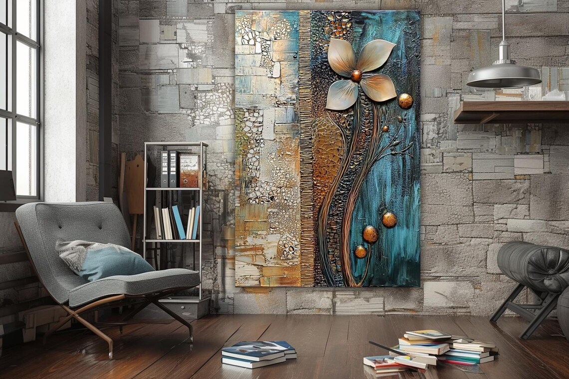 Gold Flower Relief On Teal And Bronze Textured Abstract Poster - Image 3