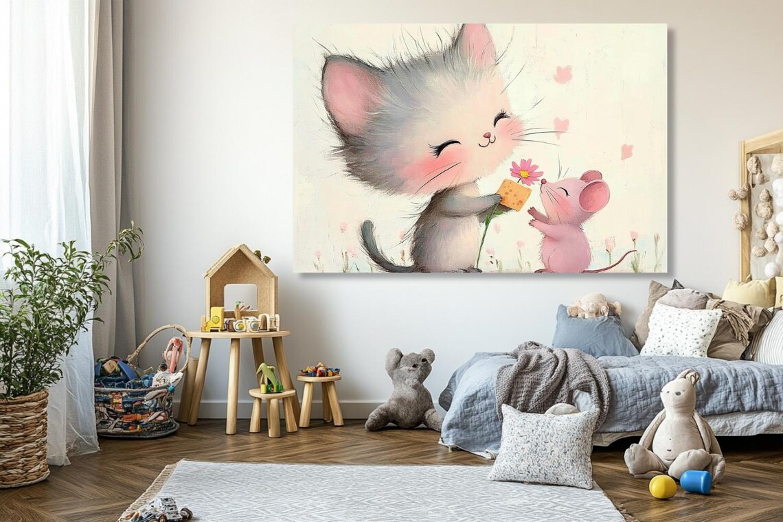 Kitten Giving Cheese And Flower To Pink Mouse With Hearts Poster - Image 2