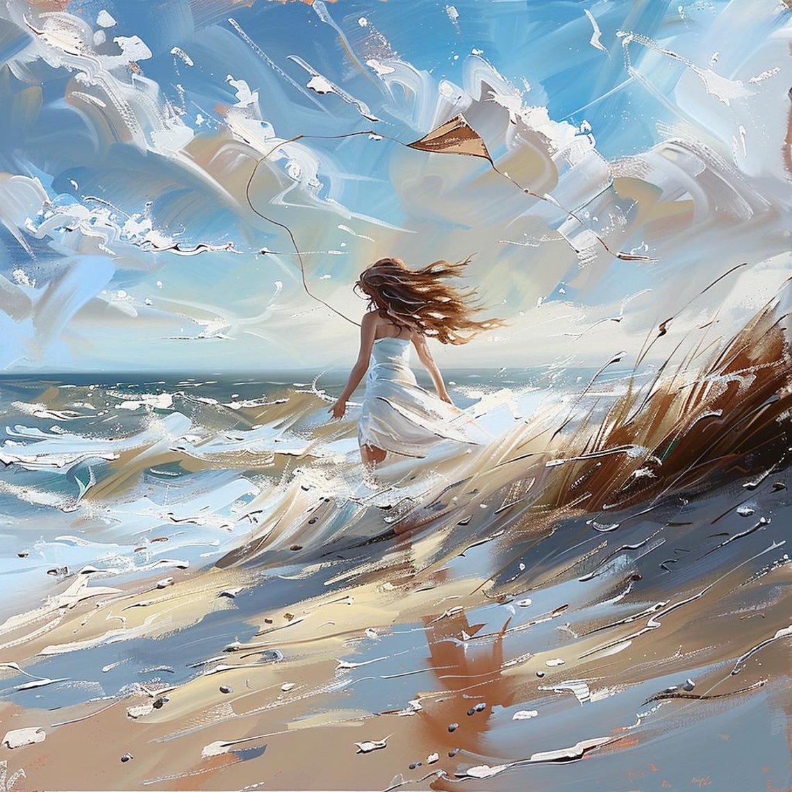Girl in White Dress Running Through Ocean Waves Under Blue Sky Poster - Image 2