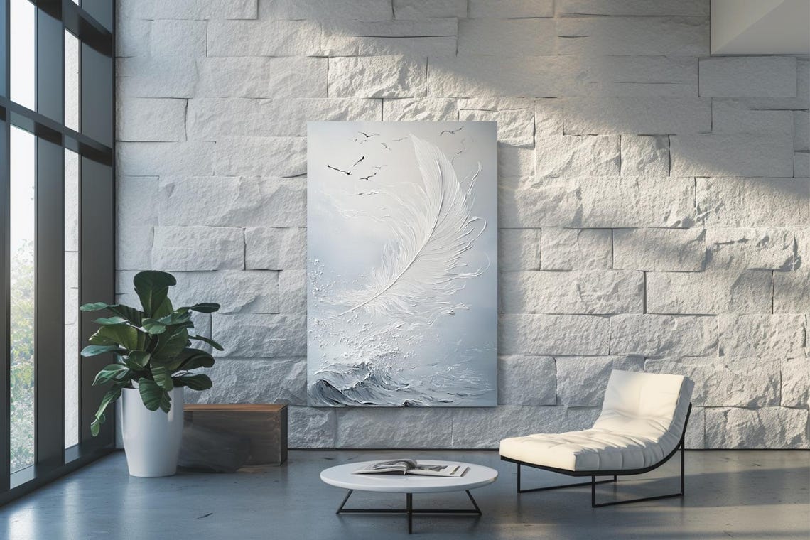 Floating White Feather Over Textured Waves Minimalist Poster