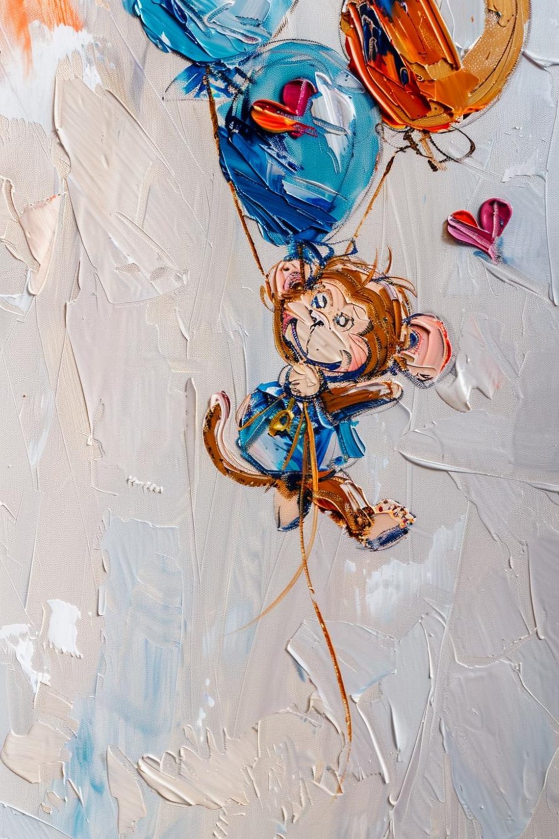 Playful Monkey Floating with Colorful Balloons Impasto Art Poster - Image 2
