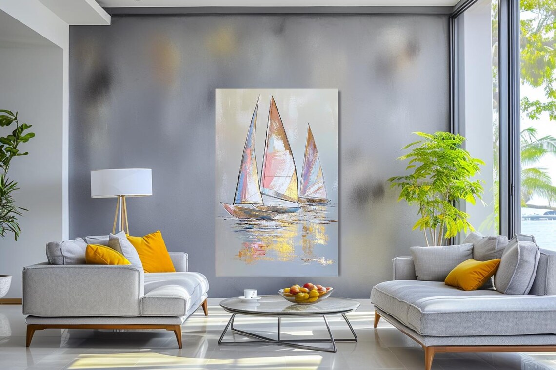 Three Sailboats at Sunset with Pink Sails Seascape Painting Poster