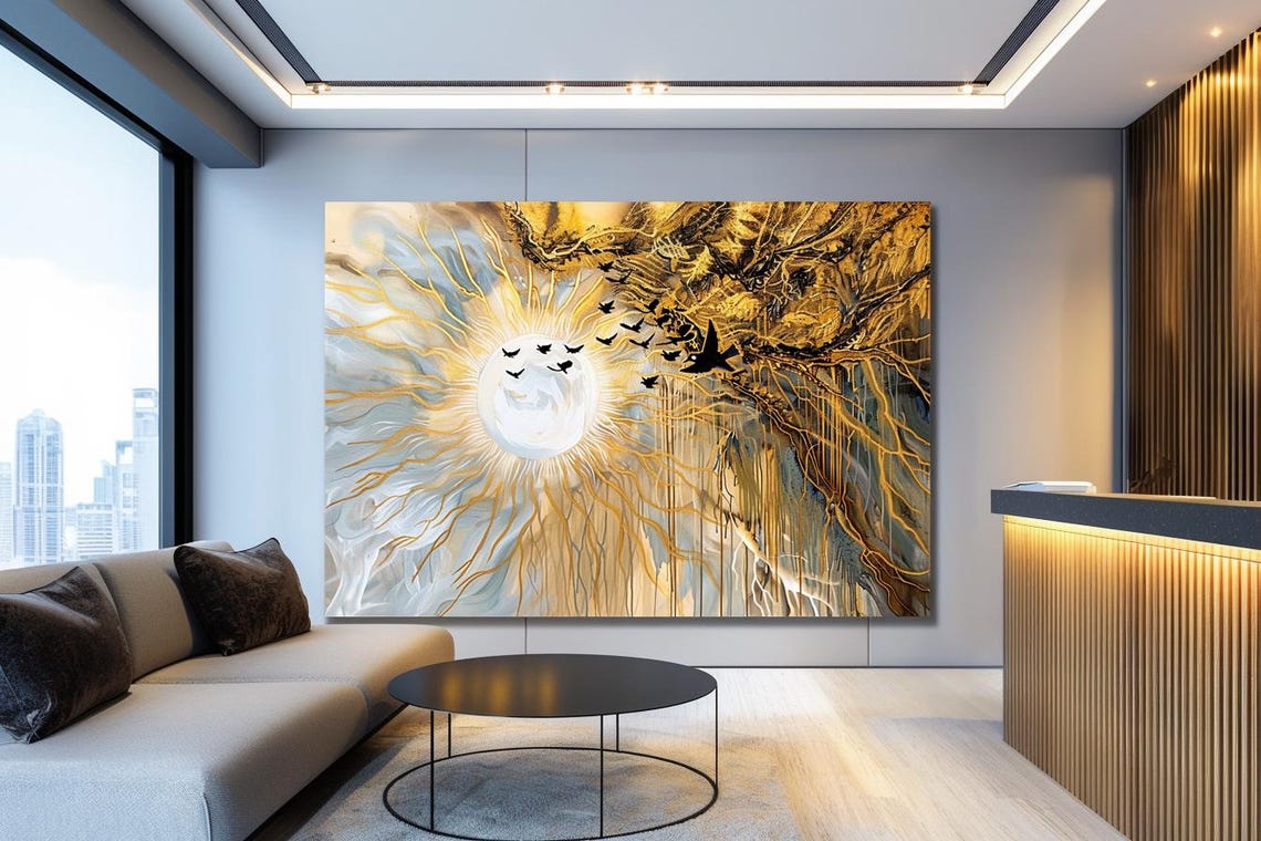 Golden Sunburst with Flock of Birds Radiant Abstract Art Poster