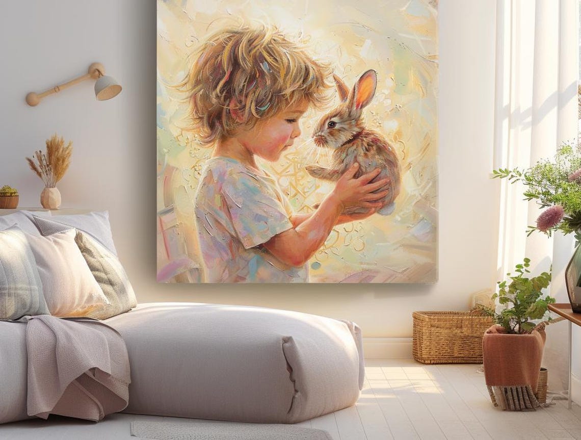 Blond Boy Tenderly Holding a Small Rabbit in Warm Sunlight Poster