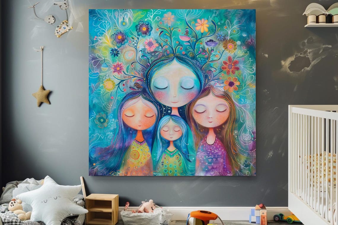 Four Serene Girls with Blooming Flower Hair Whimsical Teal Art Poster - Image 2
