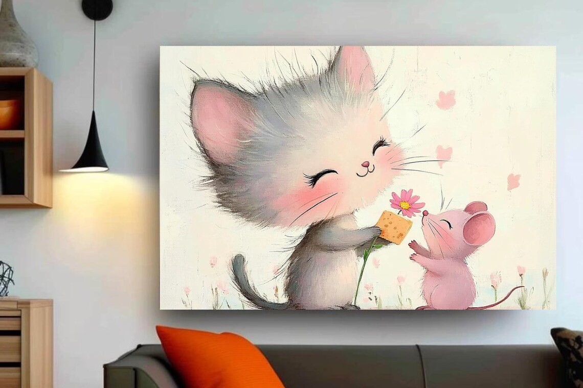 Kitten Giving Cheese And Flower To Pink Mouse With Hearts Poster
