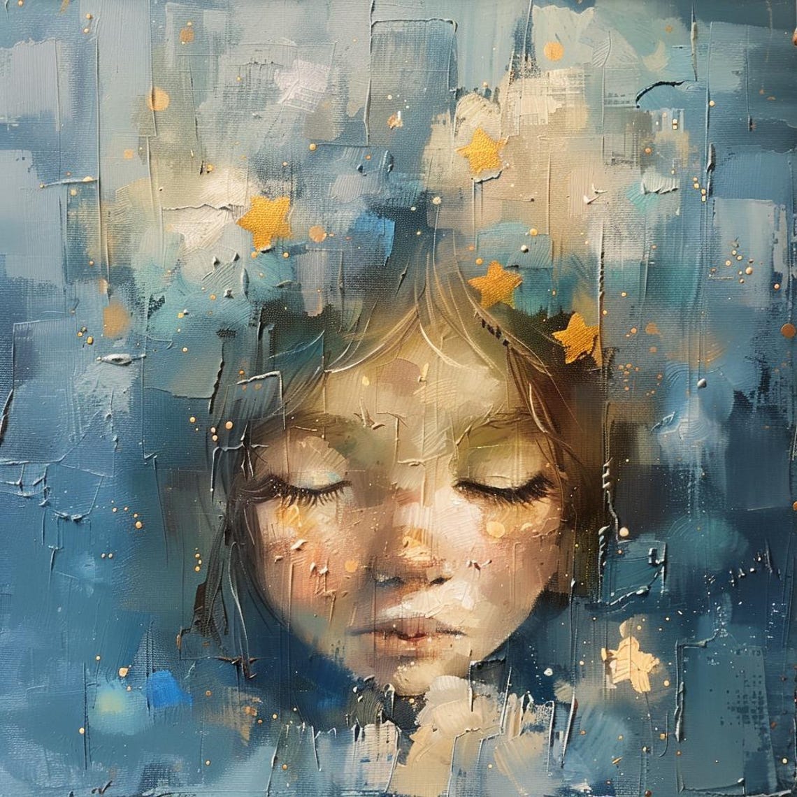 Sleeping Child Face Among Gold Stars Dreamy Blue Nursery Poster - Image 2