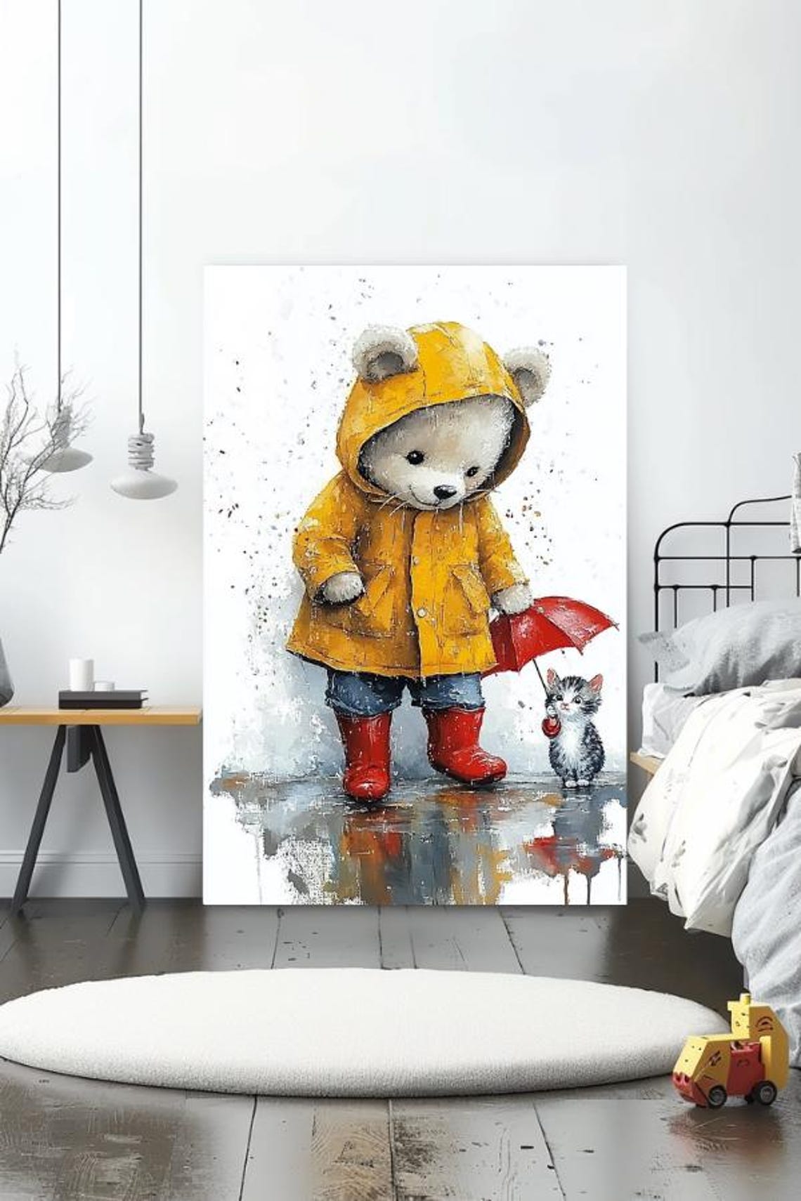 Teddy Bear Sharing Umbrella with Kitten in the Rain Cute Poster - Image 3