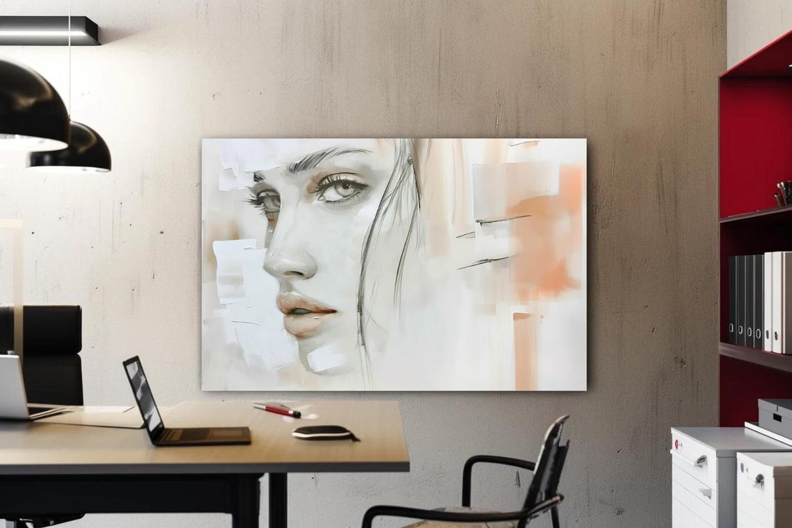 Minimalist Woman Profile In Soft White And Peach Brushwork Poster - Image 2