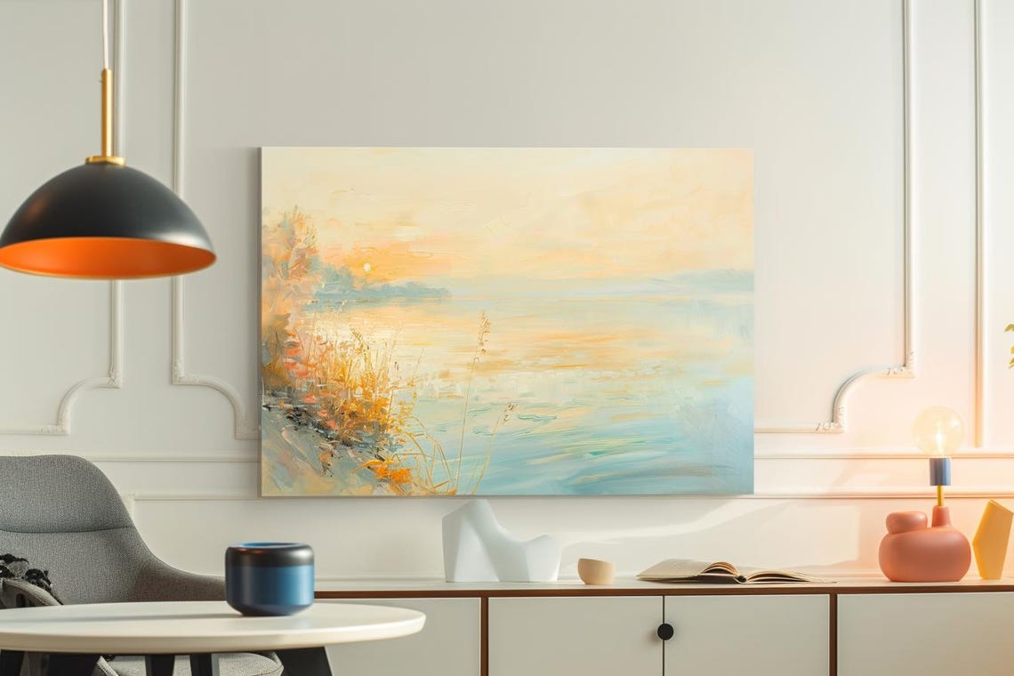 Golden Morning Light Over Calm Water Pastel Landscape Art Poster