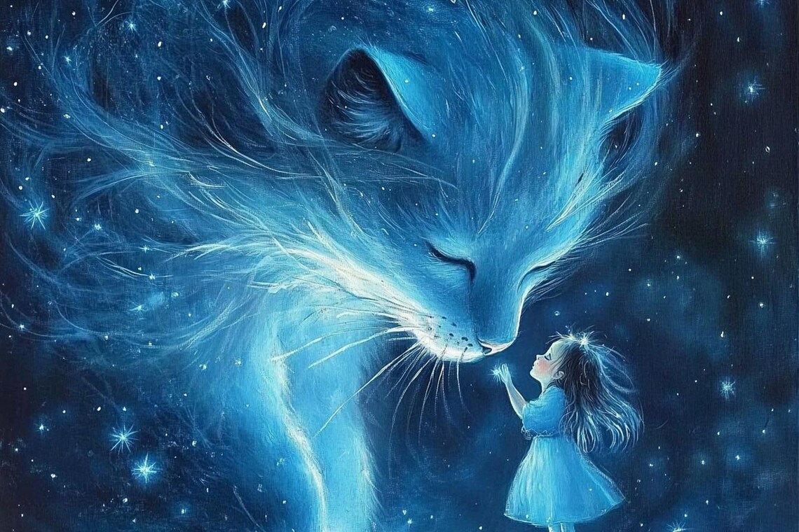 Giant Blue Star Cat Spirit Over Tiny Girl In Night Sky Poster - Image 2