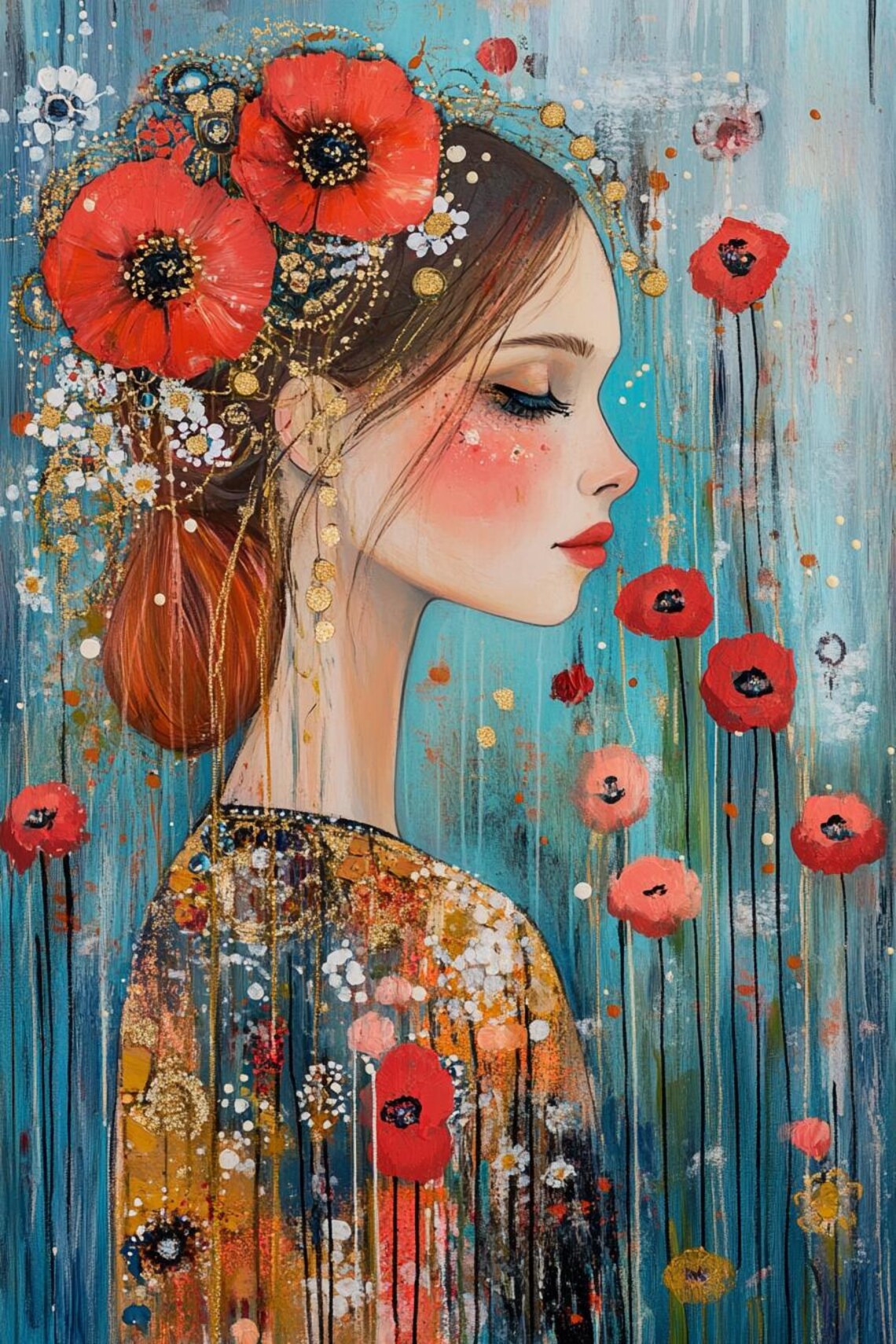 Among Poppies Woman Profile With Red Poppies Floral Art Poster - Image 2