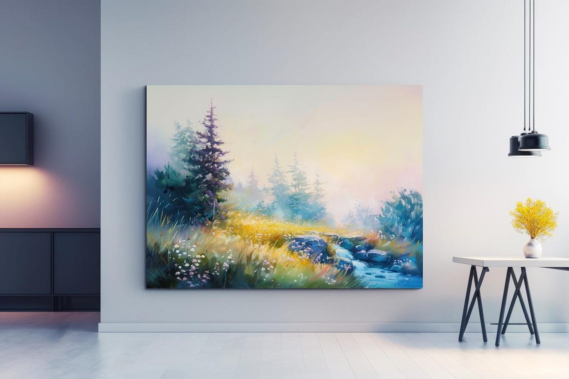 Misty Spring Forest With Stream Soft Watercolor Nature Poster