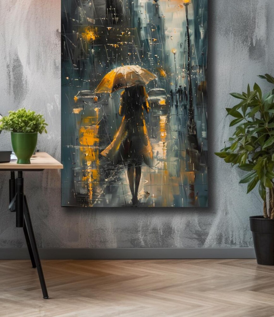 Woman With Golden Umbrella Rainy City Street Moody Art Poster - Image 2