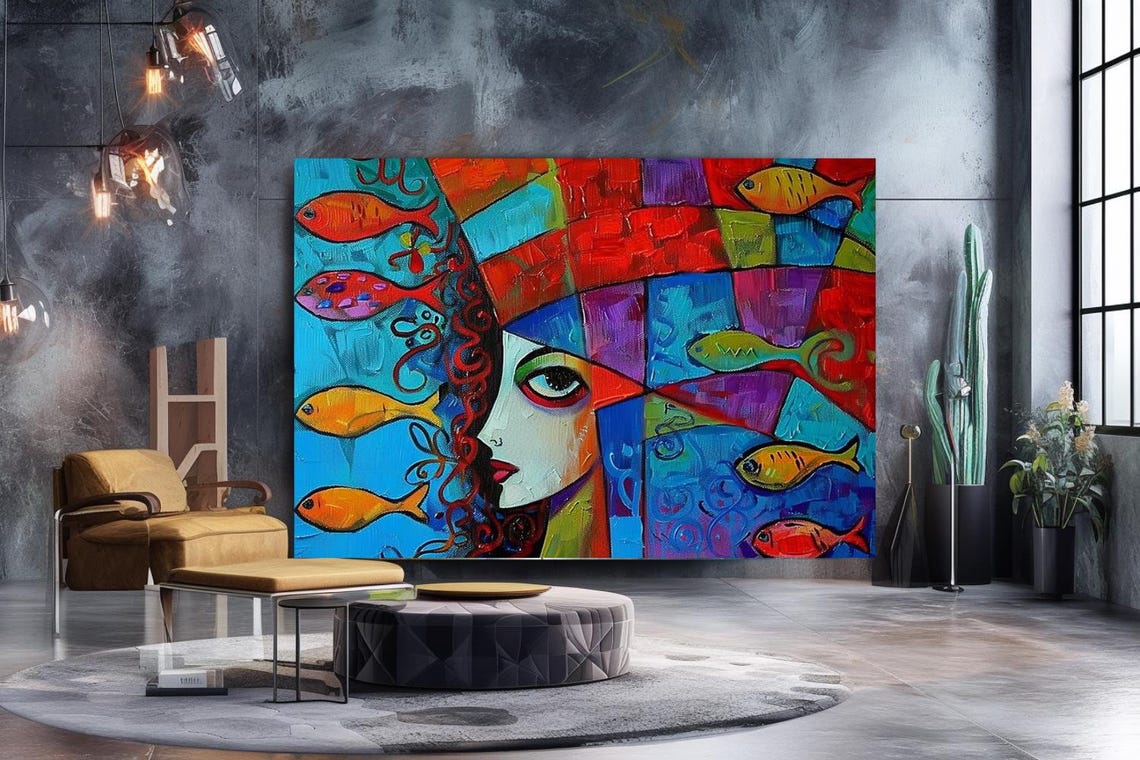 Cubist Woman Profile with Colorful Fish Bold Modern Art Poster - Image 2