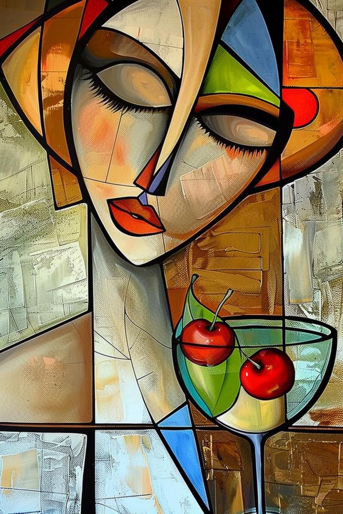 Cubist Woman Face With Cocktail Glass Cherries Retro Art Poster - Image 2