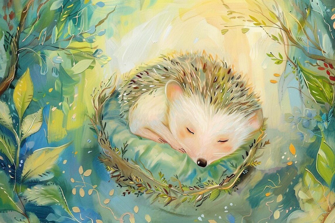 Hedgehog Sleeping Hedgehog Curled In A Leafy Nest Art Poster