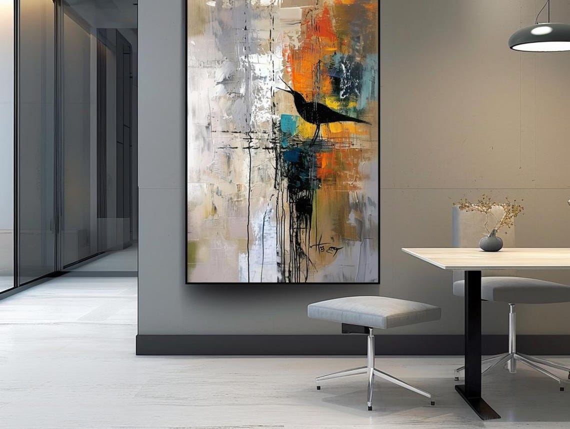 Black Bird Silhouette On Orange Teal Abstract Brushstroke Poster - Image 3