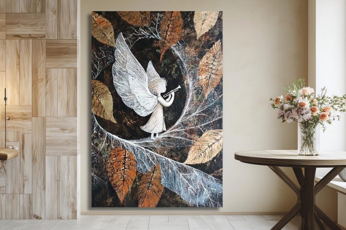 Angel With Trumpet Among Autumn Leaves Dark Decorative Poster