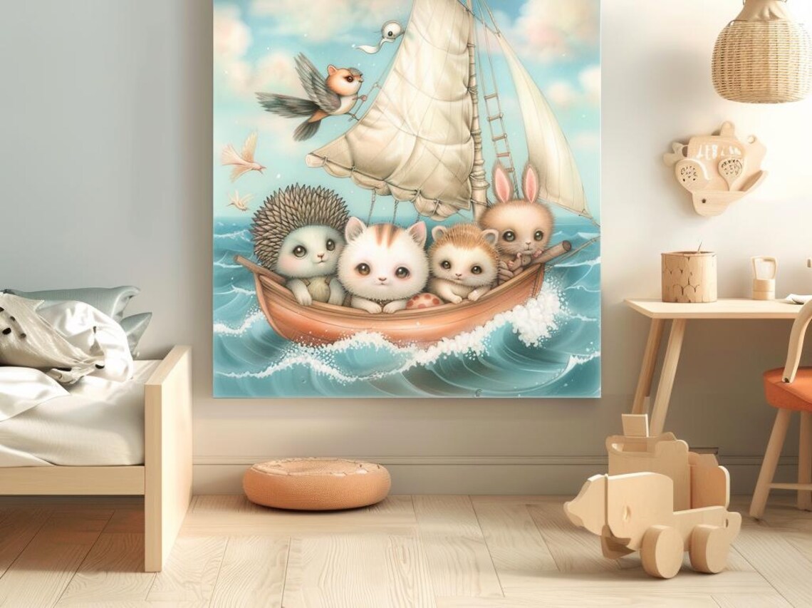 Four Cute Baby Animals Sailing In A Boat Sweet Nursery Art Poster