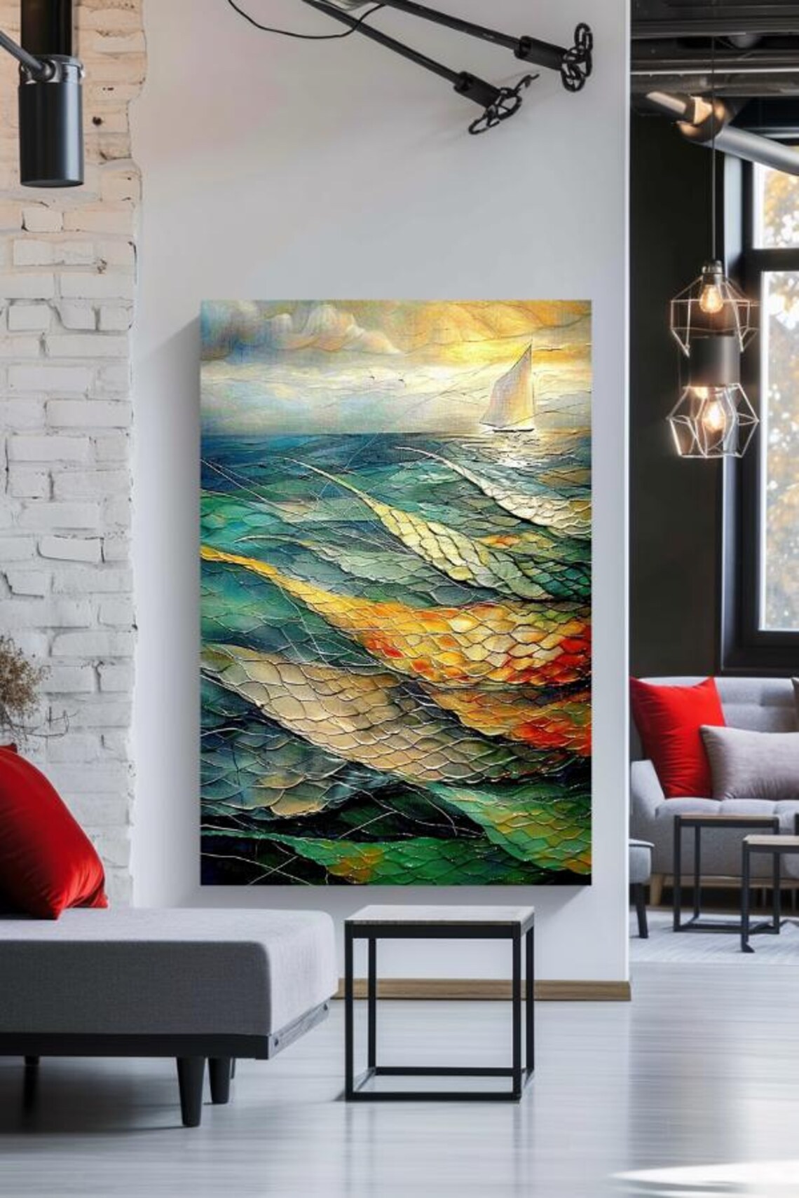 Textured Mosaic Ocean Waves With Sailboat At Golden Sunset Poster