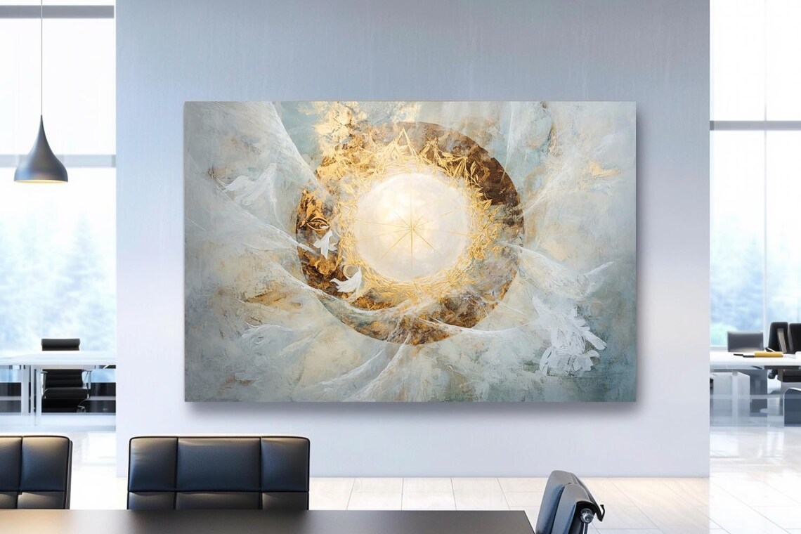 Radiant White And Gold Circle Portal With Dove Ethereal Poster