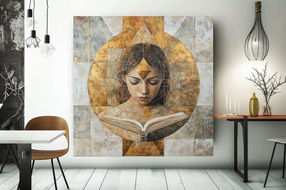 Woman Reading Open Book With Golden Halo Sacred Decor Art Poster - Image 3