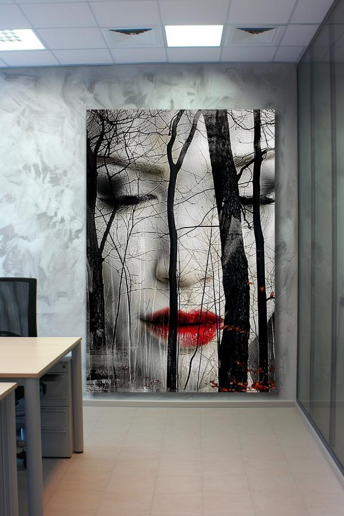 Without You Woman's Face Behind Bare Winter Trees Red Lips Poster - Image 3
