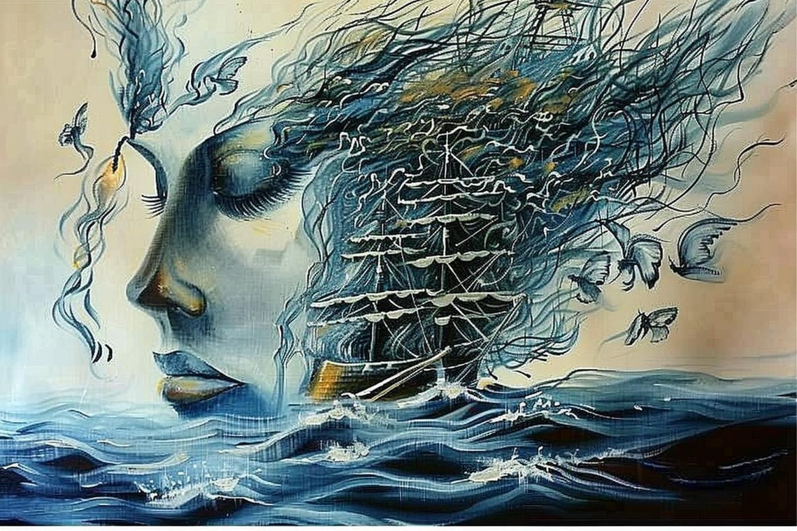 Woman Profile with Hair Becoming Ocean Waves and Tall Ship Poster - Image 2