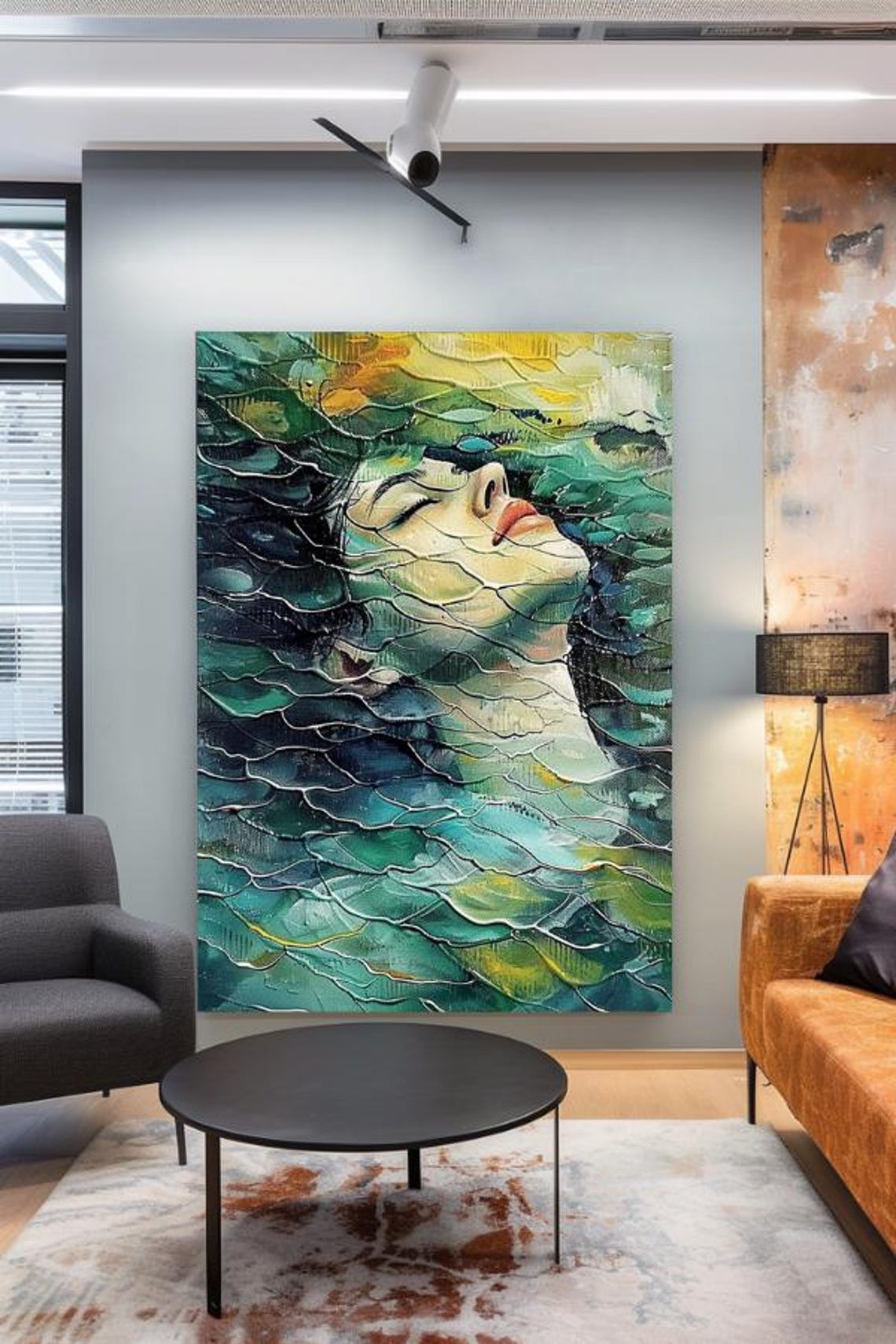 Dreamy Woman's Face Dissolving Into Teal Ocean Waves Art Poster