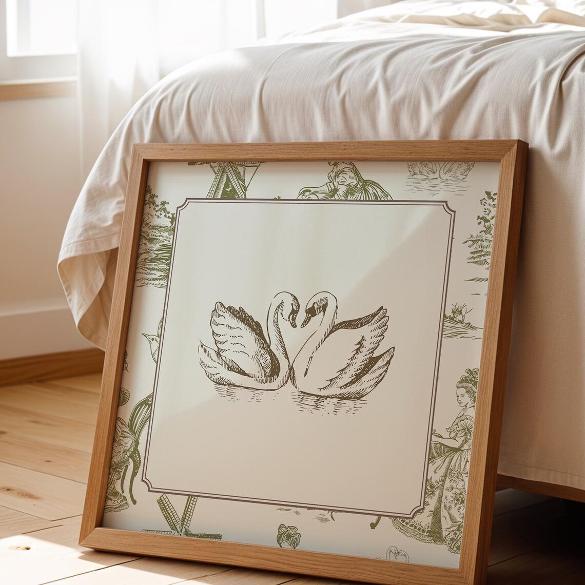 Green Toile Border Two Swans Engraving Romantic Vintage Poster