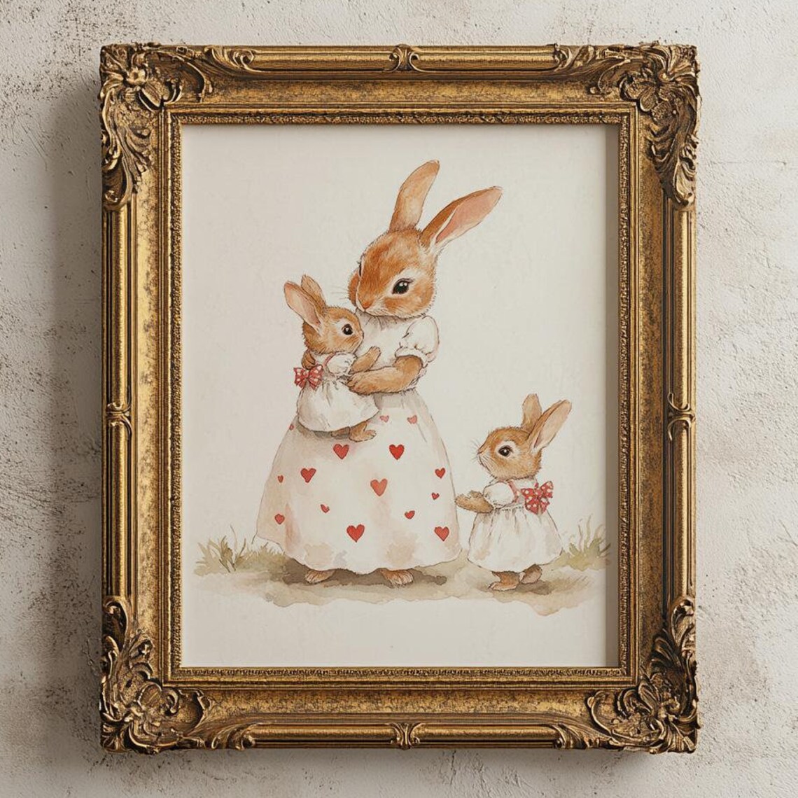 Mother Rabbit With Two Baby Bunnies Heart Dress Nursery Art Poster - Image 5