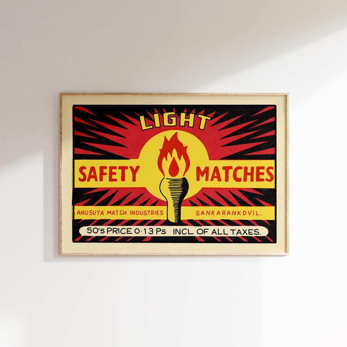 Light Safety Matches Torch Red Sunburst Vintage Indian Label Poster