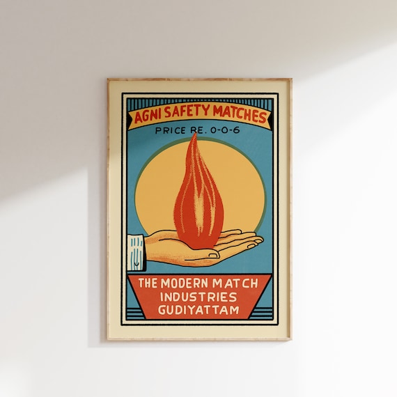 Retro Indian Matchbox Poster Agni Vintage Matchbox Poster Colorful Art Poster Vintage India Art Maximalist Wall Art Matchbox Art