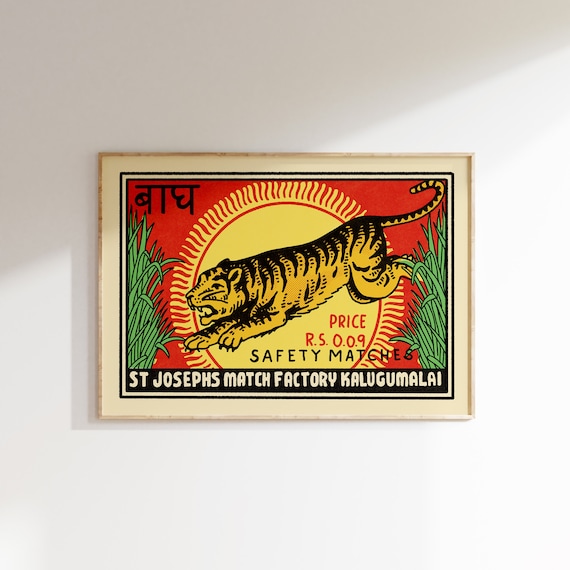 Leaping Tiger Sun Vintage Indian Safety Matches Label Poster