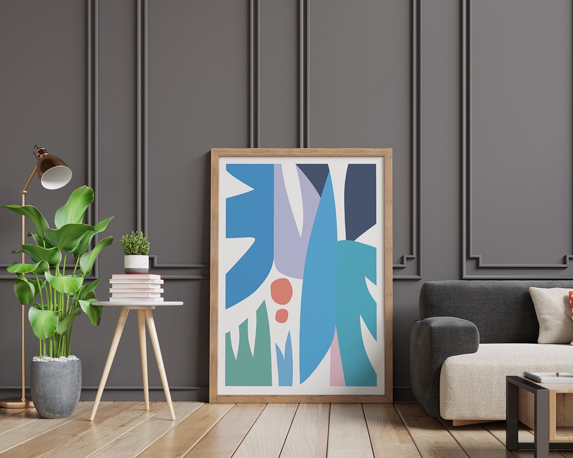 Soft Blue and Green Leaf Shapes with Coral Dots Abstract Poster - Image 2