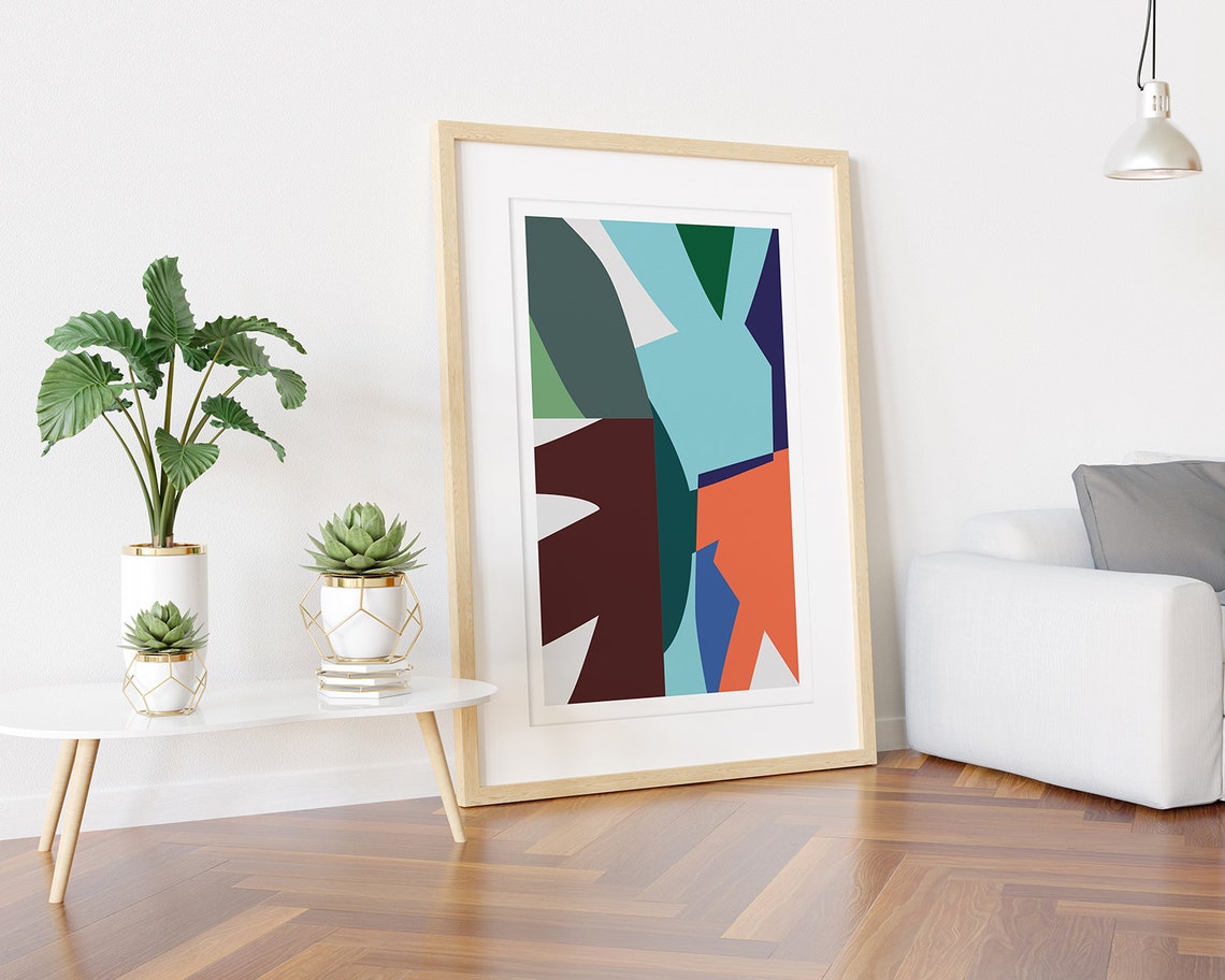 Teal Coral and Navy Abstract Collage Shapes Modern Art Poster - Image 3