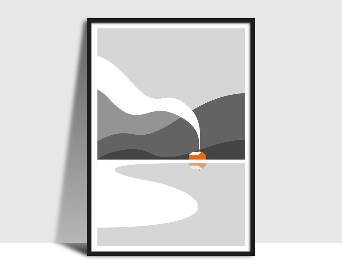 Snowy Rolling Hills Orange Cabin Minimal Winter Landscape Poster