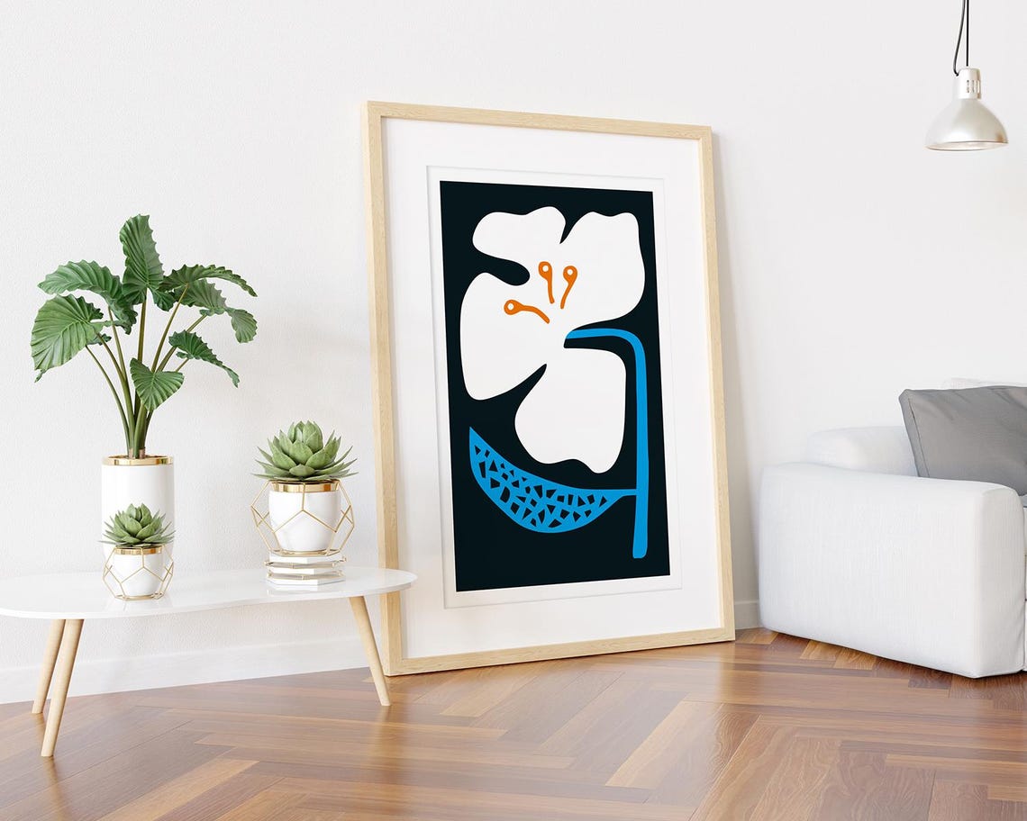 Giant White Flower Electric Blue Leaf Bold Pop Art Floral Poster - Image 3