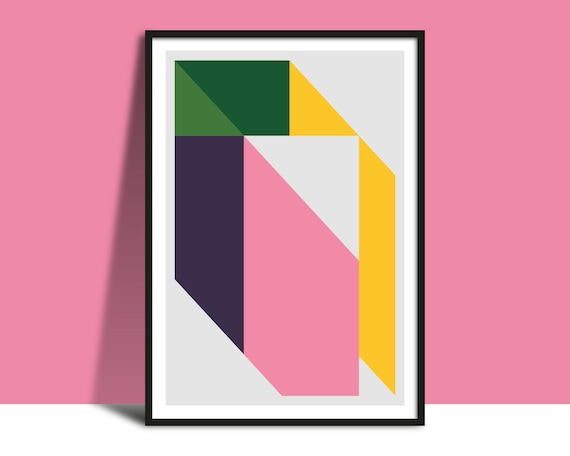 Original Printable Abstract Geometric Pink Yellow Wall Art Instant Bright Modern Illustration Poster Bold Architectural Shapes