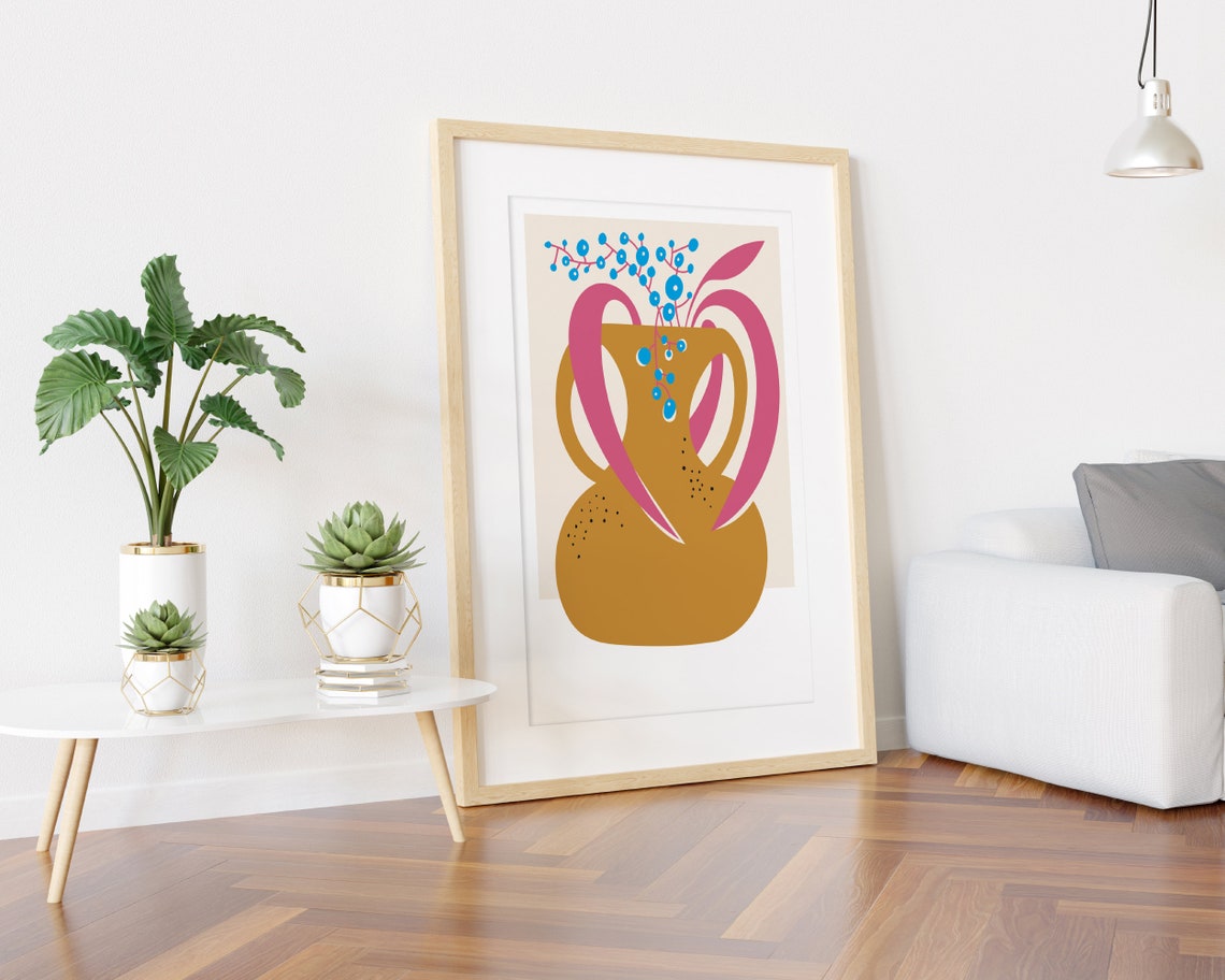 Brown Vase With Pink Leaves and Blue Berries Still Life Art Poster - Image 3
