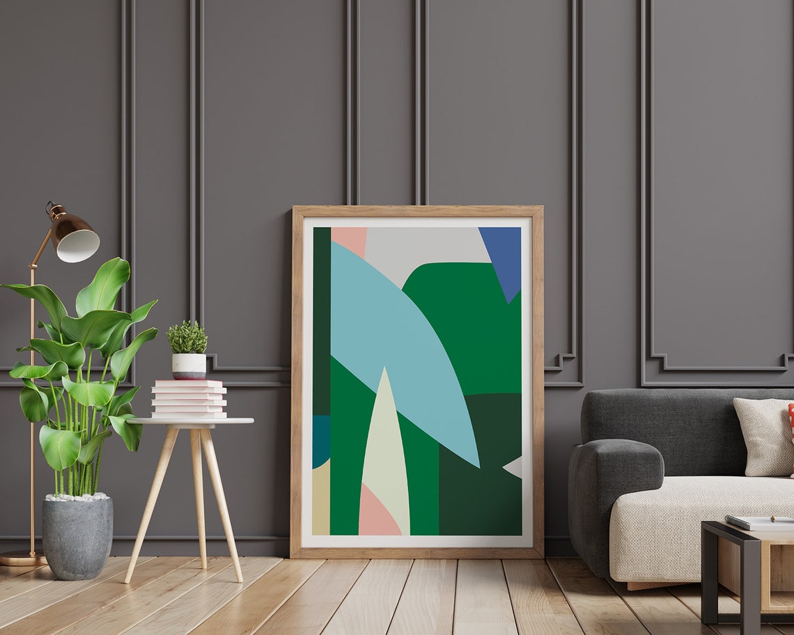 Abstract Botanical Leaf Shapes Poster in Green Blue and Pink - Image 2