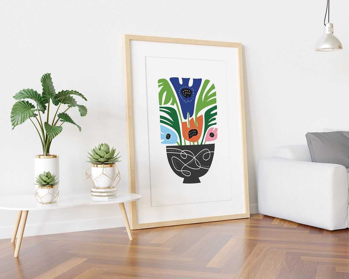 Patterned Dark Vase with Colorful Flowers and Green Leaves Poster - Image 3