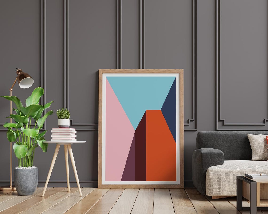 Orange Pink Sky Blue Navy Geometric Building Blocks Wall Art - Image 2