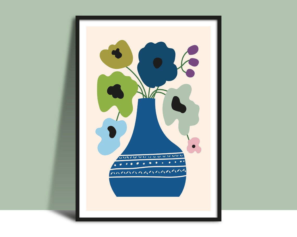 Blue Vase With Green and Blue Flowers Minimal Floral Art Poster