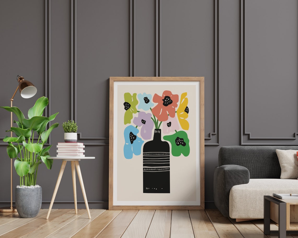 Bold Multicolour Flowers in a Black Bottle Vase Still Life Art Poster - Image 2