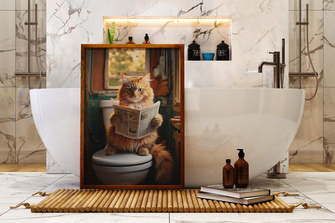 Funny Cat Bathroom Art Print, Whimsical Decor